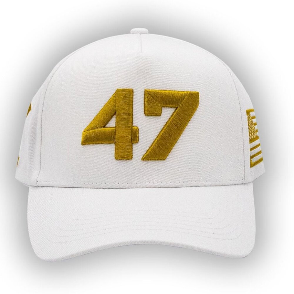 NEW DONALD TRUMP PRESIDENT HAT ONE SIZE ADULT WHITE "47" WITH AMERICAN FLAG SIDE